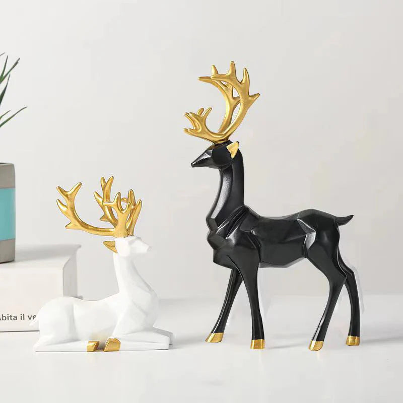 Escultura de Rena Deluxe (2 Peças) resina Conceito Preto e Branco 