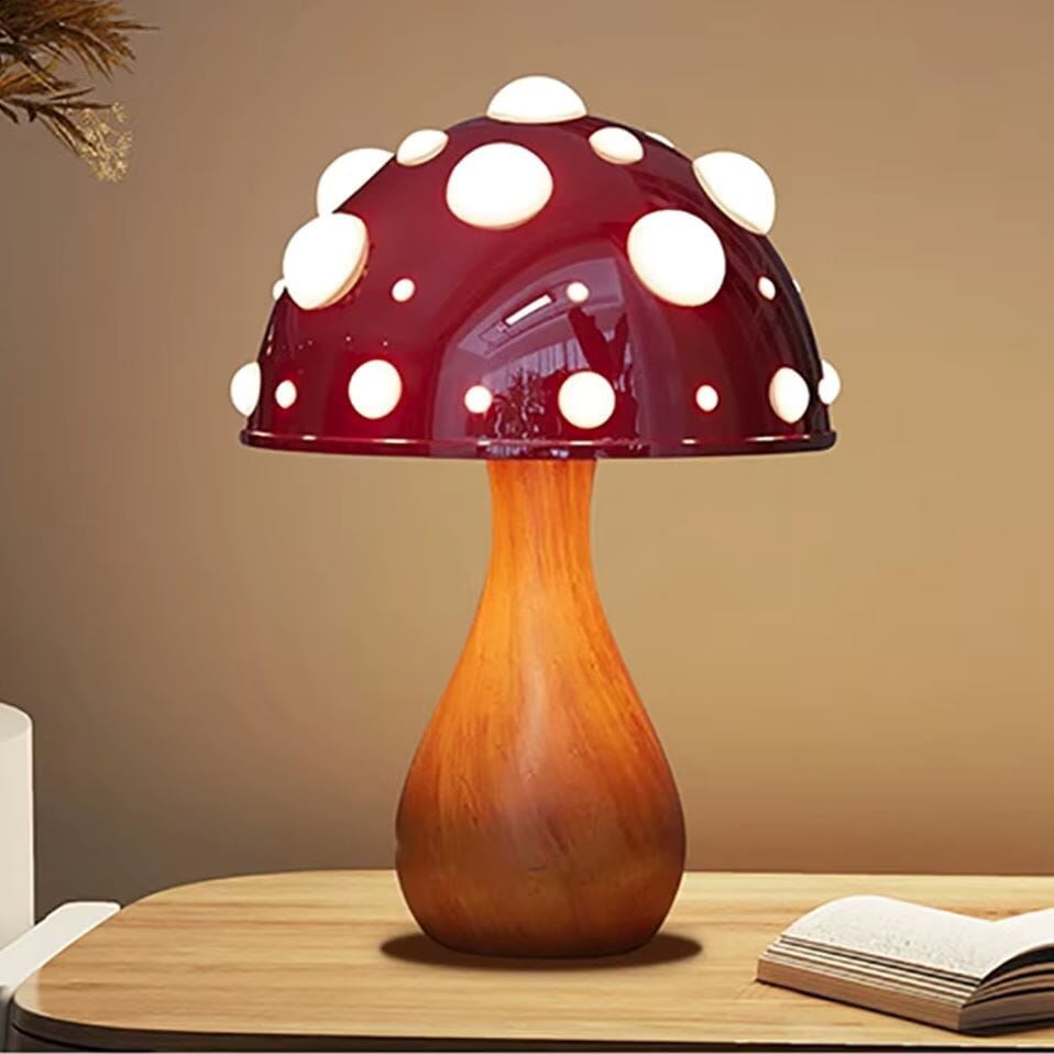 Luminária Abajur de Mesa Cogumelo Realista em LED Conceito Base Madeira 